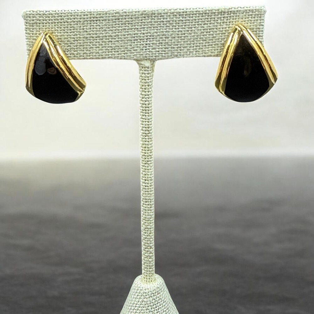 Vintage Monet Black Gold Statement Earrings Retro Elegant Minimalist Stud